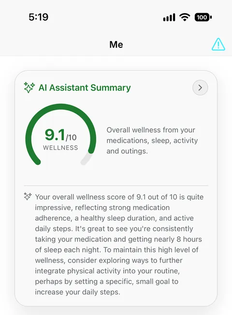 Clear Mind’s Me screen, showing a wellness score out of 10 and an AI summary of recent medication, sleep and activity.